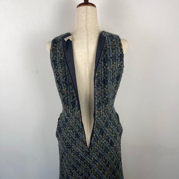 Ann Mashburn Blue Green Tweed Wool Sleeveless Sheath Trumpet Midi Dress Small - Picture 7 of 13